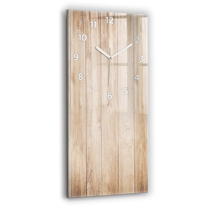 Falióra, Wallfluent, üveg, Fehér mutatók, Arab számok, Fa textúra, Barna, Téglalap 30x60 cm, 010010500020100272689