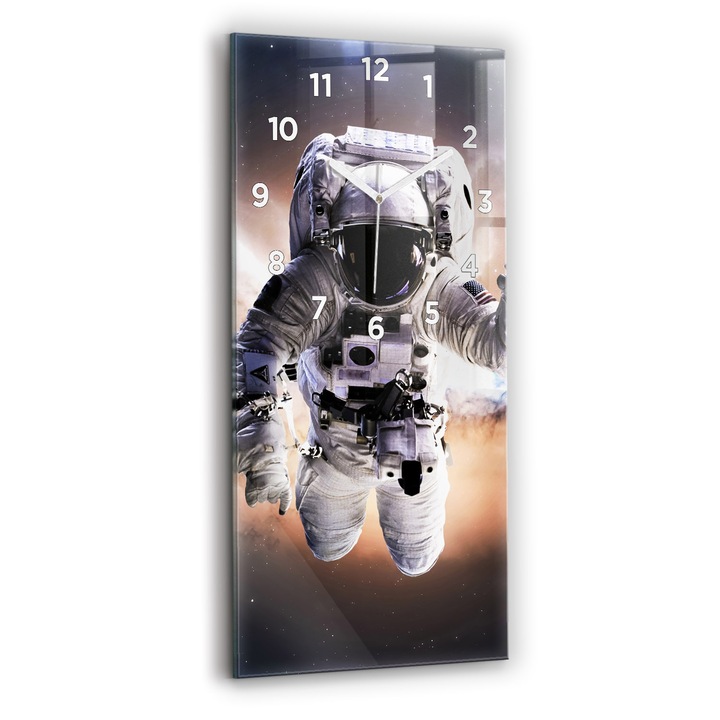 Ceas de perete, Wallfluent, de sticla, Mainile albe, Cifre Arabe, Astronaut in spatiu, Albastru, Dreptunghi 30x60 cm, 010010500020100272804