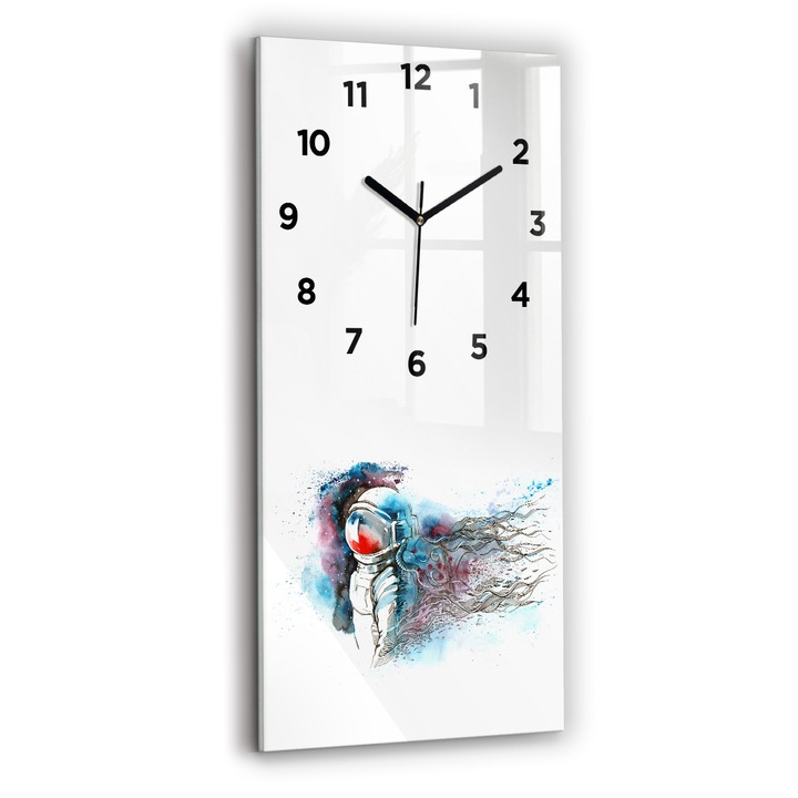 Ceas de perete, Wallfluent, de sticla, Mainile negru, Cifre Arabe, Abstractia astronautului, Albastru, Dreptunghi 30x60 cm, 010010500020200269677