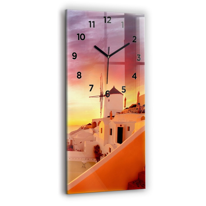 Ceas de perete, Wallfluent, de sticla, Mainile negru, Cifre Arabe, Moara de vant vechi in Santorini, Portocaliu, Dreptunghi 30x60 cm, 010010500020200269522