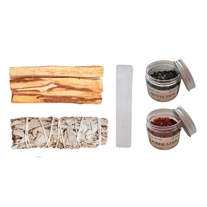 Set purificare si protectie energetica, palo santo, salvie alba, tamaie din rasini naturale, bagheta selenit