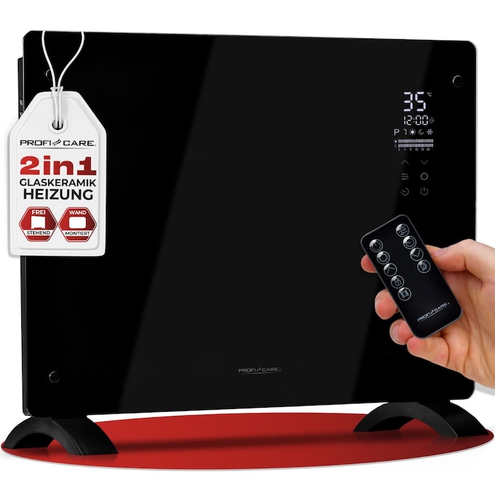 Convector electric de podea/perete Proficare, latime 64 cm, cu infrarosu, functie detectare geam deschis, 2 trepte putere, timer, temperatura reglabila, display LED, panou tactil, telecomanda inclusa, material sticla, silentios, negru