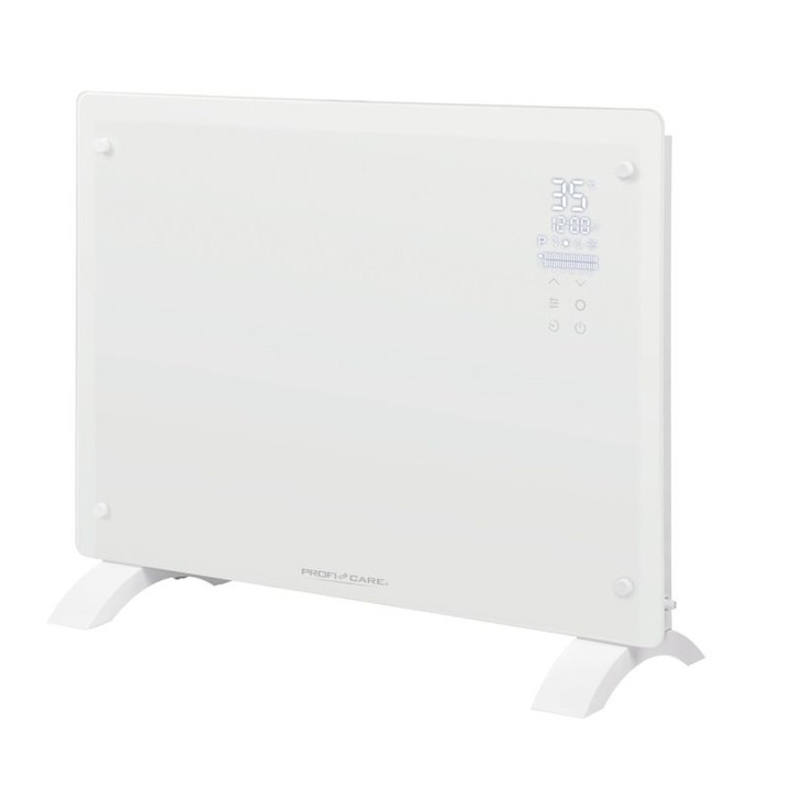 Convector electric de podea/perete Proficare, latime 64 cm, cu infrarosu, functie detectare geam deschis, 2 trepte putere, timer, temperatura reglabila, display LED, panou tactil, telecomanda inclusa, material sticla, silentios, alb