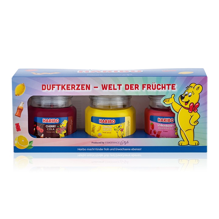 Комплект 3 свещи Haribo Pack, Cherry Cola, Lemon Fruits, Strawberry Happiness