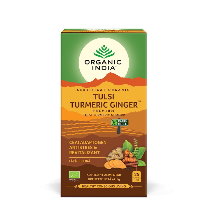 Ceai Tulsi Busuioc Sfant Turmeric si Ghimbir ORGANIC INDIA, Adaptogen, Antistres & Revitalizant, 100% certificat organic, 25 plic, BIO