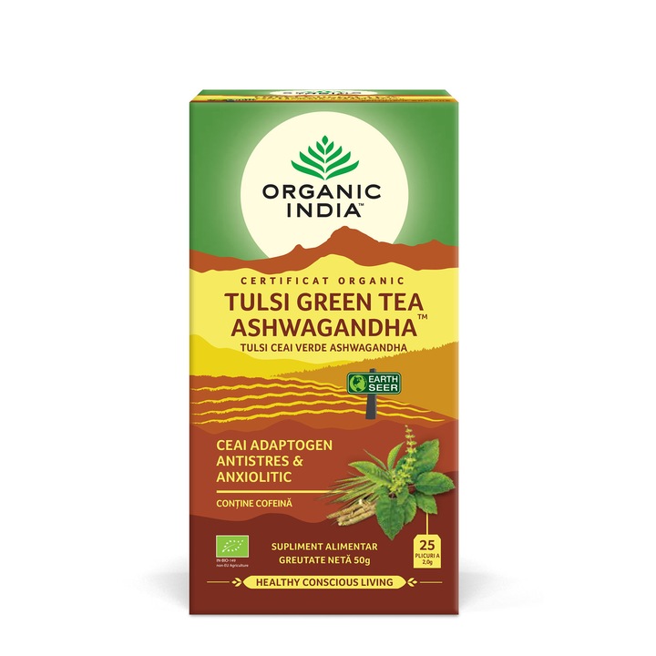Tulsi Tea Holy Basil Ashwagandha and Green Tea ORGANIC INDIA, Адаптоген, антистрес и анксиолитик, 100% сертифициран органичен, 25 сашета, БИО