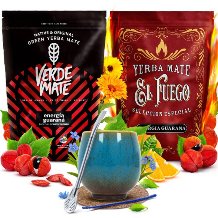 Yerba Mate Tea Készlet, Verde Mate, El Fuego, Energia Guarana, 2x500g, Nagyon Erősen Élénkítő, Bögre, 220 ml