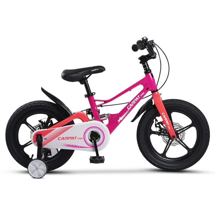 Планински MTB велосипед за деца 4-6 години Средно окачване Carpat Pro JSX16144, Алуминиева рамка с интегрирани кабели, задно окачване, 16 инча колело, дискова спирачка, спомагателни колела, фуксия с розово