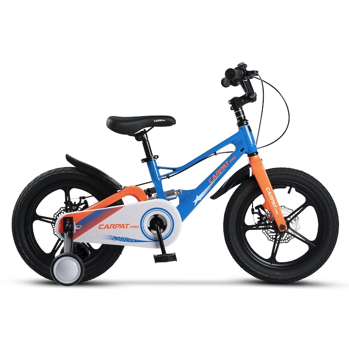 Планински MTB велосипед за деца 4-6 години Средно окачване Carpat Pro JSX16144, Алуминиева рамка с интегрирани кабели, задно окачване, 16 инча колело, дискова спирачка, спомагателни колела, синьо с оранжево