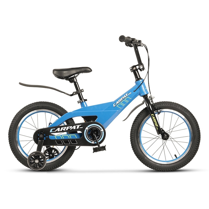 Велосипед MTB за деца 4-6 години Carpat Pro JSX16119, Алуминиева рамка с вградени кабели, 16 инча колело, V-Brake, единична скорост, спомагателни колела, синьо с бяло