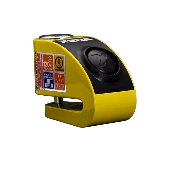 Blocaj disc frana, Xena, Inox, Alarma 120dB, Baterie litiu 3V, Galben/Negru