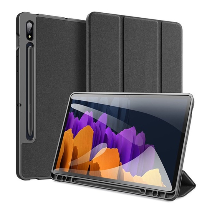 Tablet tok, kompatibilis, Samsung Galaxy Tab S8 LTE (SM-X706) Dux ducis domo tok álló, bőr hatású (aktív, oldalra nyíló, trifold, asztali tartó, ceruza tartó, textil minta) fekete, gyártói csomagolás