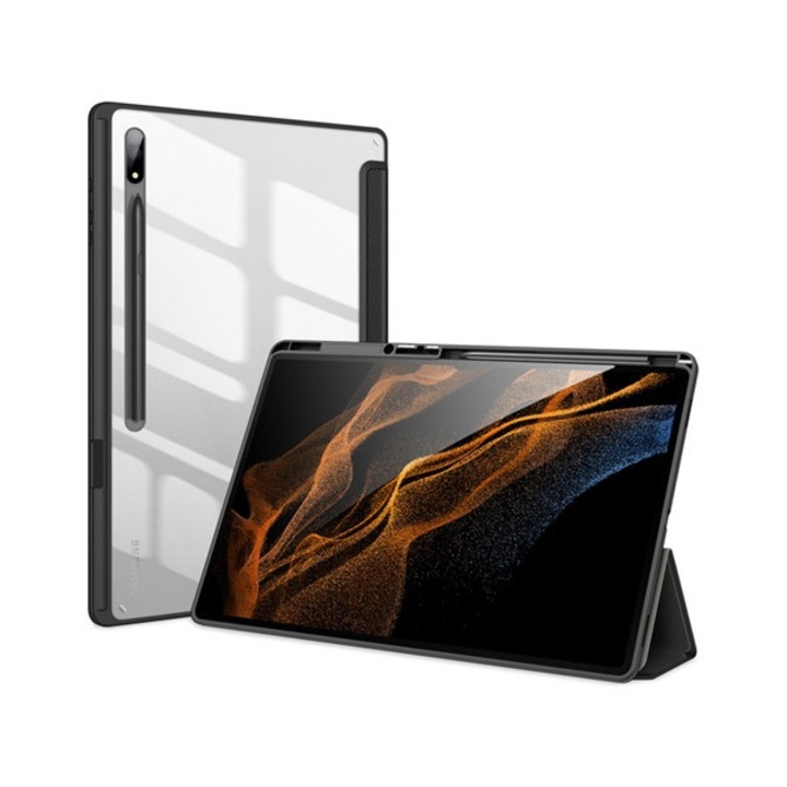 Tablet tok, kompatibilis, Samsung Galaxy Tab S8 Ultra WIFI (SM-X900) / Galaxy Tab S8 Ultra LTE (SM-X906) Dux ducis toby tok álló, bőr hatású (aktív flip, oldalra nyíló, trifold, asztali tartó, ceruza tartó) fekete, gyártói csomagolás