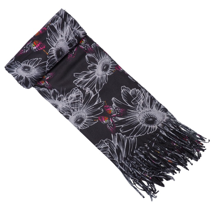 Fular dama, Onore, negru, gri si roz, 202 x 71 cm, casmir, model fluturi