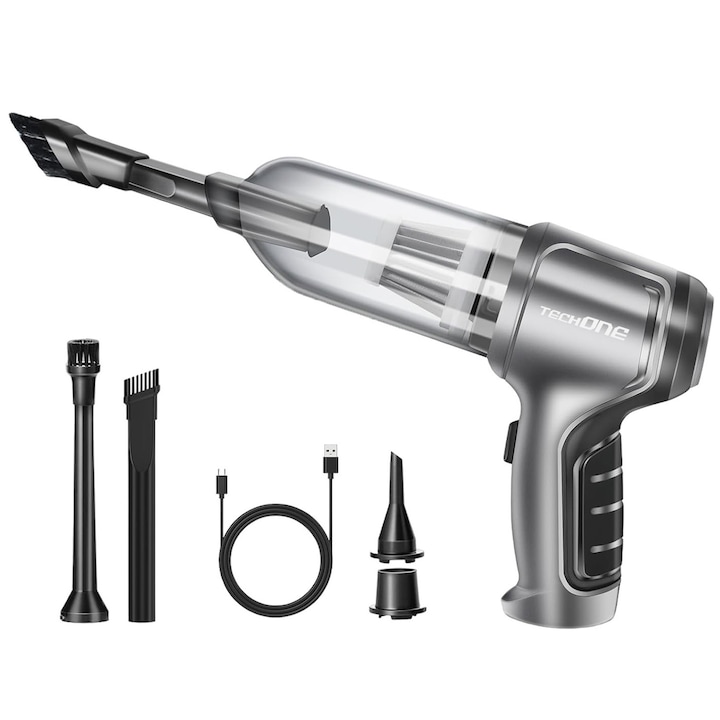 Aspirator Auto Portabil 3 in 1 Techone® Dust Master, 15000 Pa, 120W, 2 Viteze, Filtru HEPA, Functie Suflanta, Functie Vaccum, Acumulator, Argintiu