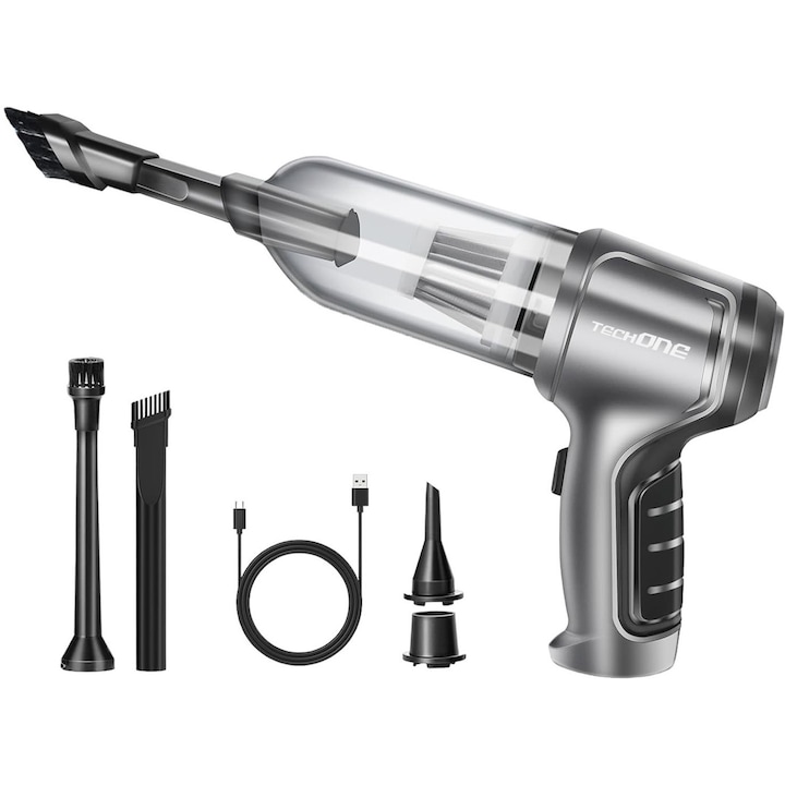 Aspirator Auto Portabil 3 in 1 Techone® Dust Master, 15000 Pa, 120W, 2 Viteze, Filtru HEPA, Functie Suflanta, Functie Vaccum, Acumulator, Argintiu