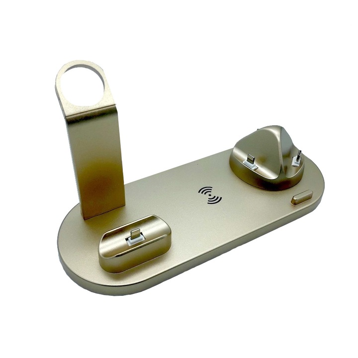 Incarcator Wireless Universal 6 in 1 Messner® QI 10 W, Pentru Telefon, Casti, Smart Watch, Cu Docking USB Type C, Micro USB, Lightning si Incarcare Wireless, Suport de Incarcare pentru Apple Watch, Gold
