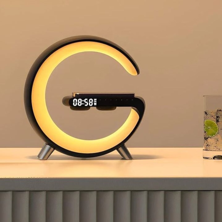 Смарт лампа RGB, LED, Bluetooth високоговорител, Безжично зарядно устройство, Музикален часовник с амбиентна светлина за събуждане, Аларма, 15 W бързо зарядно устройство, Управление на приложението с 16 милиона светлинни цвята, Черен