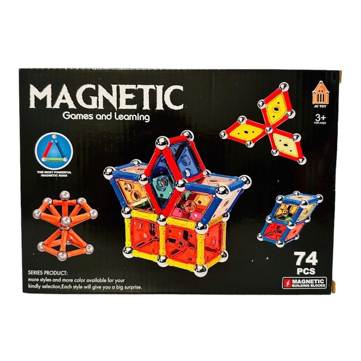 Set de constructie magnetic 3D, DIY, educativ, blocuri de constructie tridimensionale, multiple posibilitati constructie, dezvoltarea abilitatilor motrice, dezvoltarea creativitatii prin joaca, interactiv, 74 piese, Multicolor, +3 ani