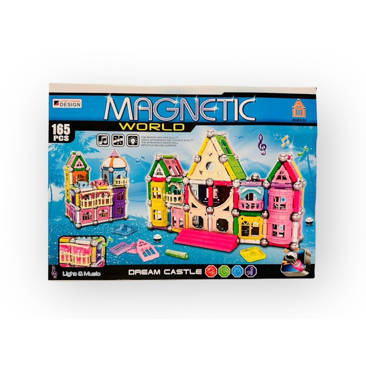 Set de constructie magnetic cu lumini si sunete, Magnetic World, 3D, DIY, educativ, interactiv, blocuri de constructie tridimensionale, dezvoltarea abilitatilor motrice, dezvoltarea creativitatii prin joaca, 165 piese, multicolor