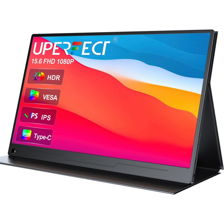 Hordozható monitor, tökéletes, 15,6" HDMI, 1920*1080, kettős USB-C, 60HZ 16:9 800:1 250cd/m2 fekete
