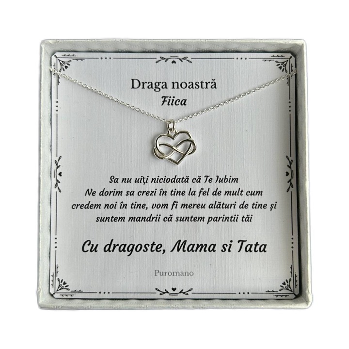 Set Colier, Puromano, Infinit, din Argint 925, 40 + 5 CM, cutie personalizata si felicitare cu mesaj de la Mama si Tata, pentru Fiica