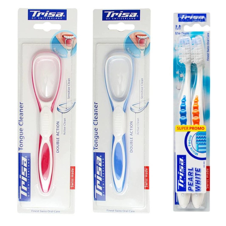 Trisa Pearl White Medium Duo csomag kettős hatású nyelvtisztító eszközökkel 627739+668834 Többszínű