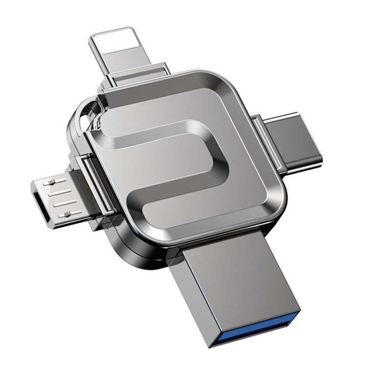 Stick USB 4 in 1, 128 GB, USB, Type-C, Micro-USB, Lightning, 5 Gbps, Gri