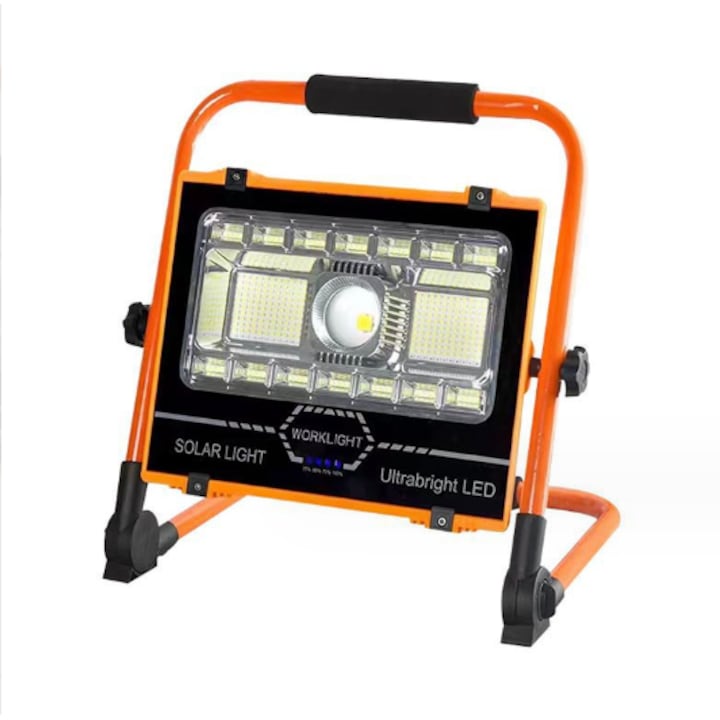 Proiector ZANOVO ®, Tip Lampa de Lucru, Incarcare Solara si USB-C, LED 150 W, 6 Moduri de Lumina, Portabil, Acumulator Integrat, Utilizabil Interior/ Exterior, Camping, Santier, Garaj, Service Auto si Alte Destinatii, Martor Luminos Baterie, Rotire 360°