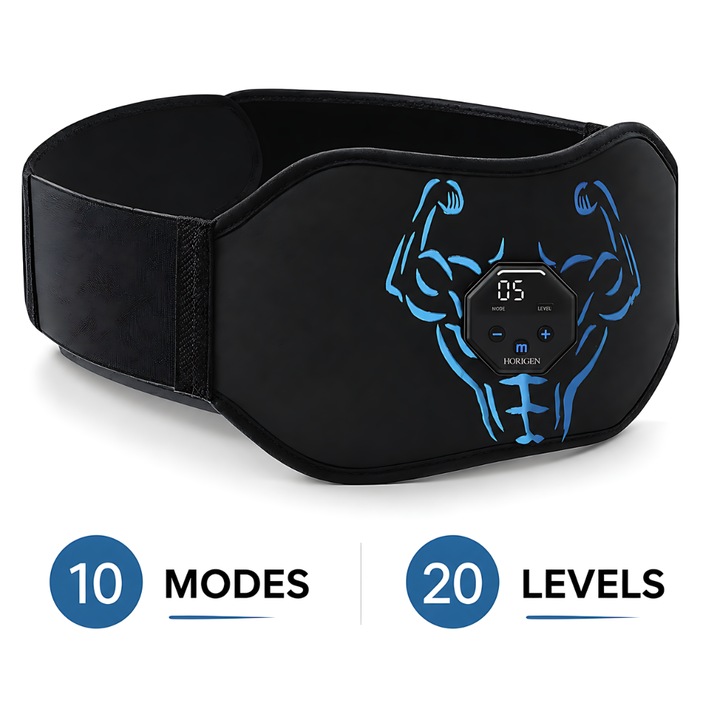 Centura Electrostimulare Abdomen Horigen® Abs Fit, 4 Pad-uri, Umeri, Spate, 10 Moduri, 20 de Nivele, Slabire, Functie Tonifiere Muschi, Coapse, Negru
