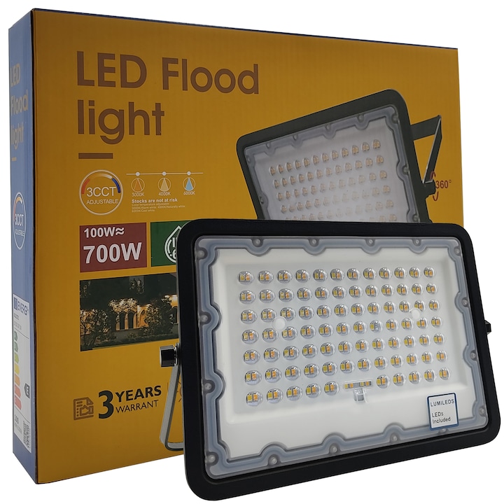 Proiector LED 100W (700W) Exterior, 11000Lm, IP65 Rezistent la apa, chip Lumileds, NEW AVANT, Negru, Lumina Selectabila 3000K 4000K 6000K