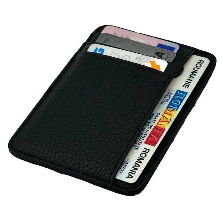 Portofel slim Natty Pell pentru carduri, buletin, bani, permis auto cu capacitate 8 carduri + 1 compartiment bancnote, Piele naturala, Negru