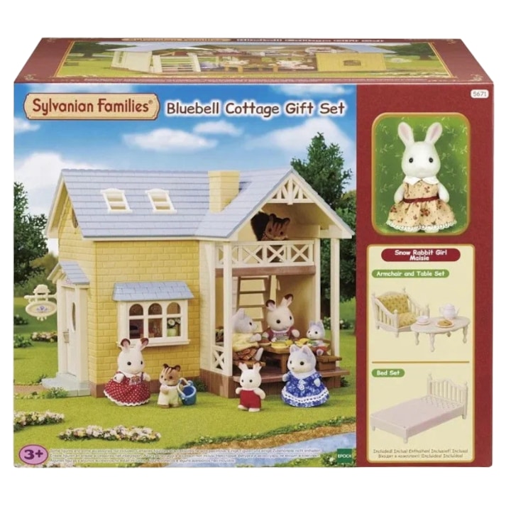 Babaház szett, 1 nyuszi figura, kiegészítők, Bluebell Cottage ajándék szett, Sylvanian Families