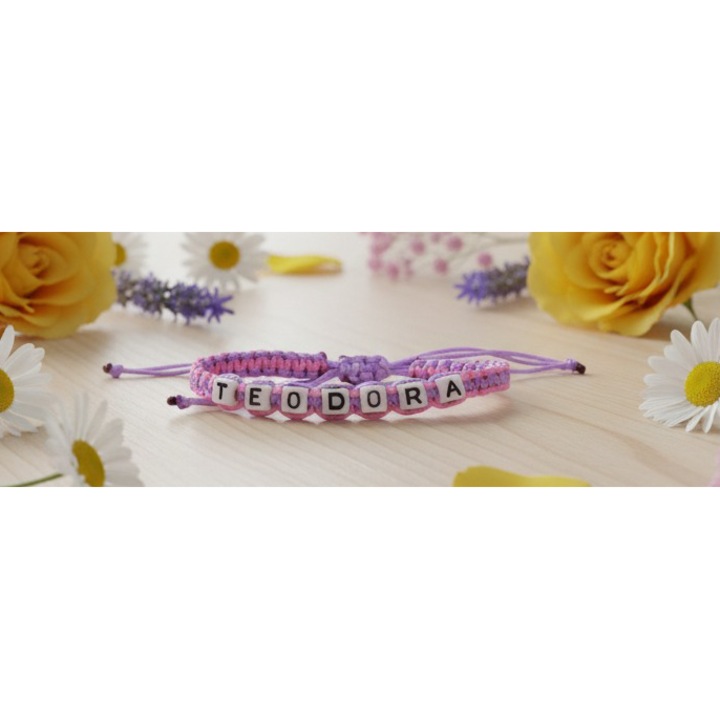 Bratara lucrata manual, Numele Teodora, Mov, 7 mm