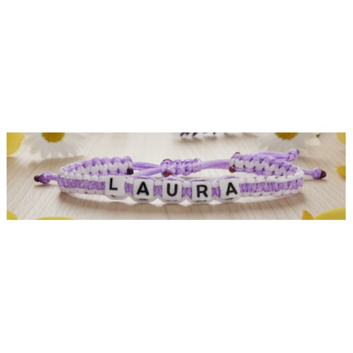 Bratara lucrata manual, Numele Laura, Mov, 7 mm