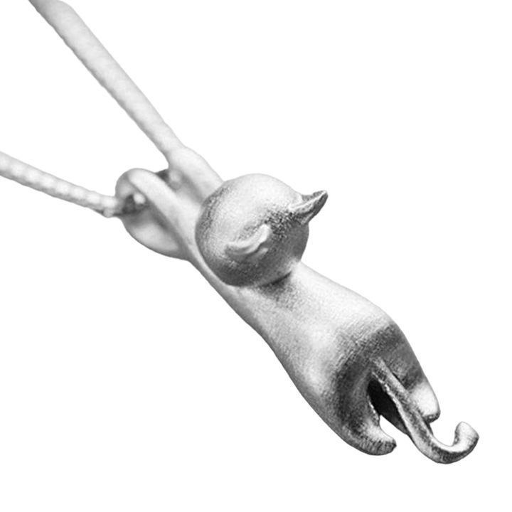 Lant dama, pandantiv cu pisica jucausa, model delicat, tematica I love cats, argintiu, EFAYN