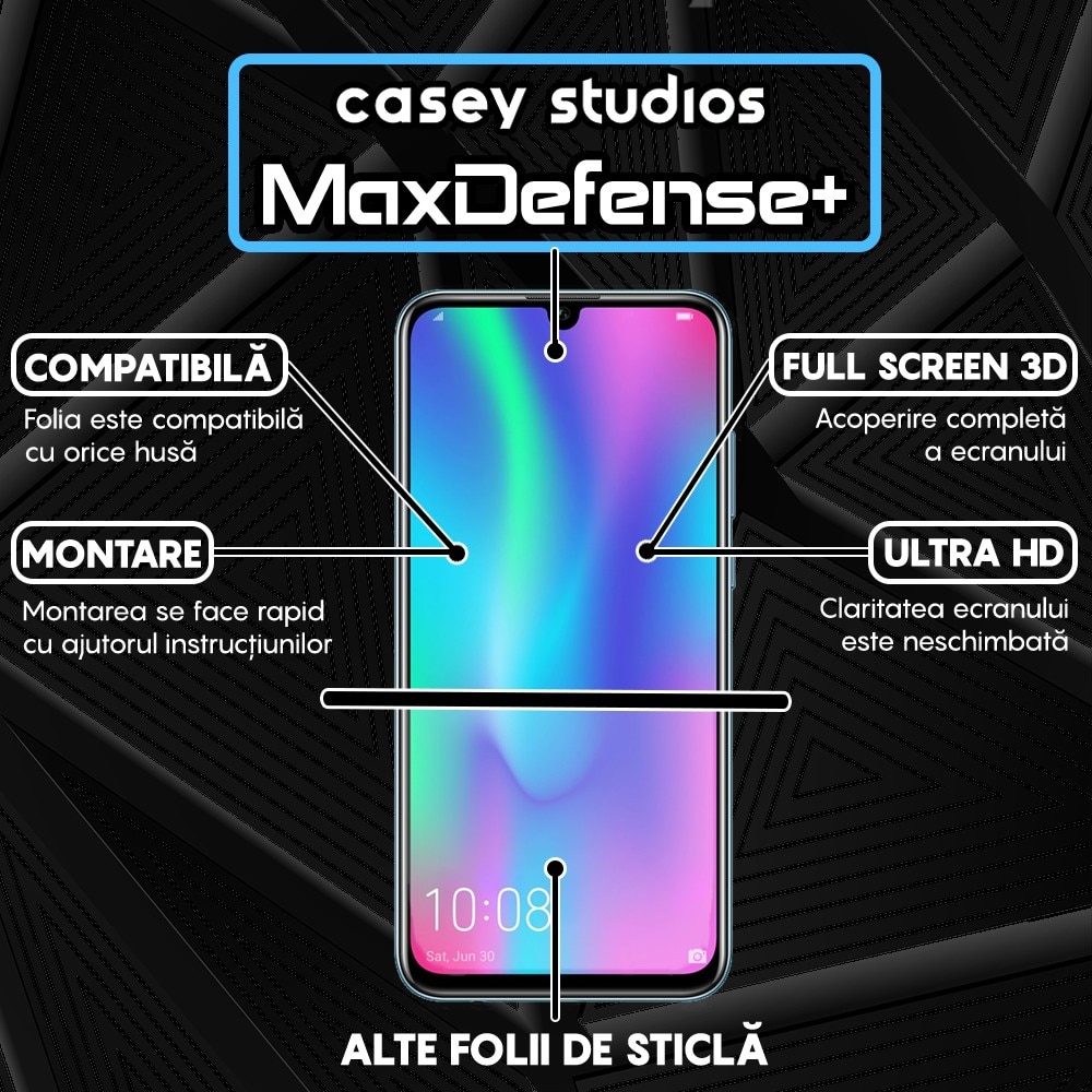 Folie Sticla CASEY STUDIOS™ compatibila cu Huawei Honor 10 Lite / Honor 20 Lite / P Smart 2019 / P Smart Plus 2019, Full Cover 3D, Full Glue, Duritate Militara, Ultra HD, Anti Zgarieturi, Anti Socuri, Margini Negre