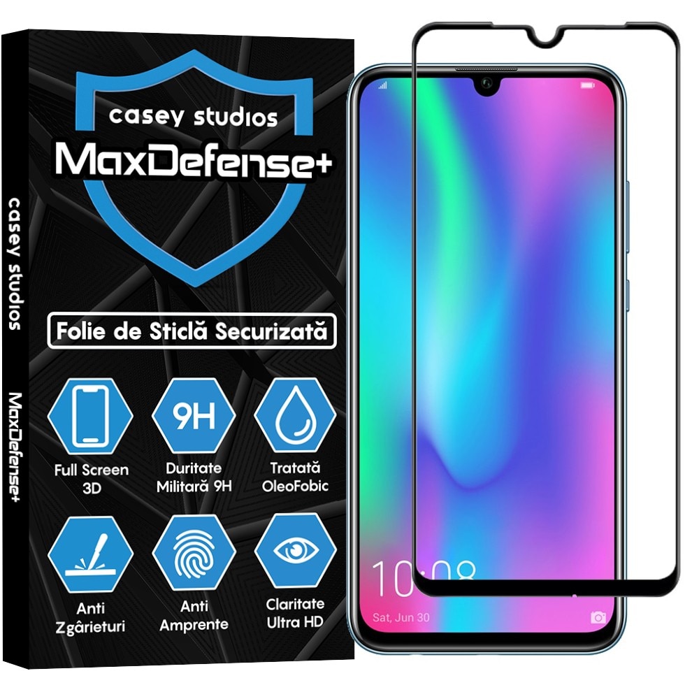 Folie Sticla CASEY STUDIOS™ compatibila cu Huawei Honor 10 Lite / Honor 20 Lite / P Smart 2019 / P Smart Plus 2019, Full Cover 3D, Full Glue, Duritate Militara, Ultra HD, Anti Zgarieturi, Anti Socuri, Margini Negre