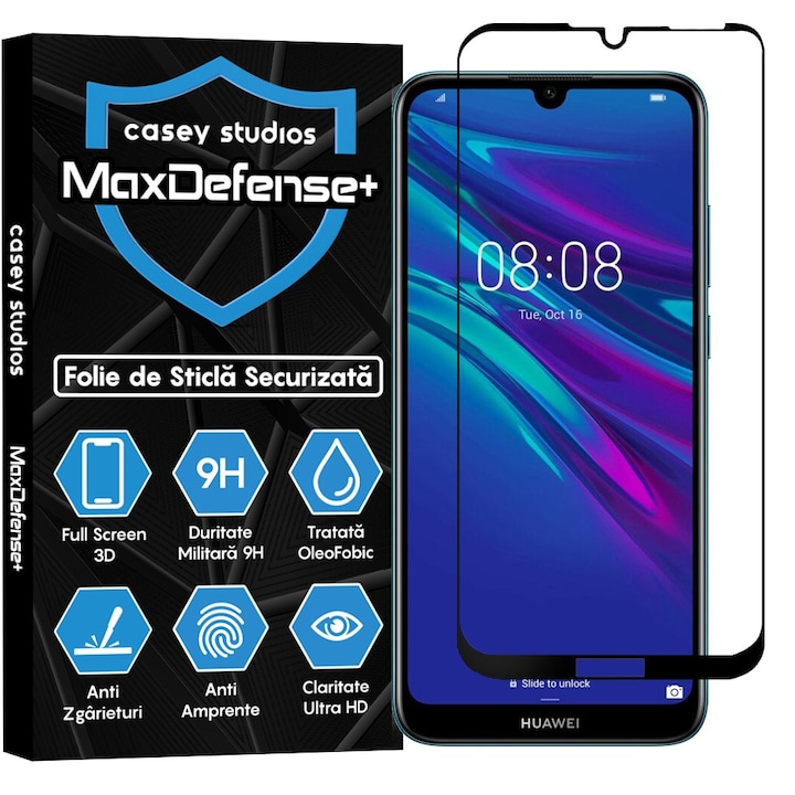 CASEY STUDIOS™ üvegfólia, kompatibilis a Huawei Y6 2019 / Y6 Pro 2019 / Y6p / Honor 8A 2020 készülékekkel, Teljes 3D tok, Teljes ragasztó, Katonai keménység, Ultra HD, Karcálló, Ütésálló, Fekete szélek