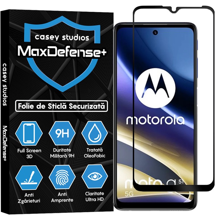 Motorola Moto G51 5G-vel kompatibilis CASEY STUDIOS üvegfólia, teljes ragasztó, katonai keménység, ultra HD, karcolásgátló, ütésálló, fekete élek