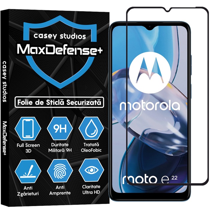 CASEY STUDIOS™ üvegfólia kompatibilis a Motorola Moto E22 / Moto E22i-vel, Full Glue, Katonai keménység, Ultra HD, karcolásgátló, ütésálló, fekete élek