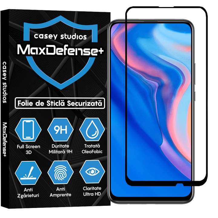 CASEY STUDIOS üvegfólia kompatibilis a Huawei P Smart Z / Y9 Prime 2019 termékkel, teljes ragasztó, katonai keménység, ultra HD, karcolásgátló, ütésálló, fekete élek