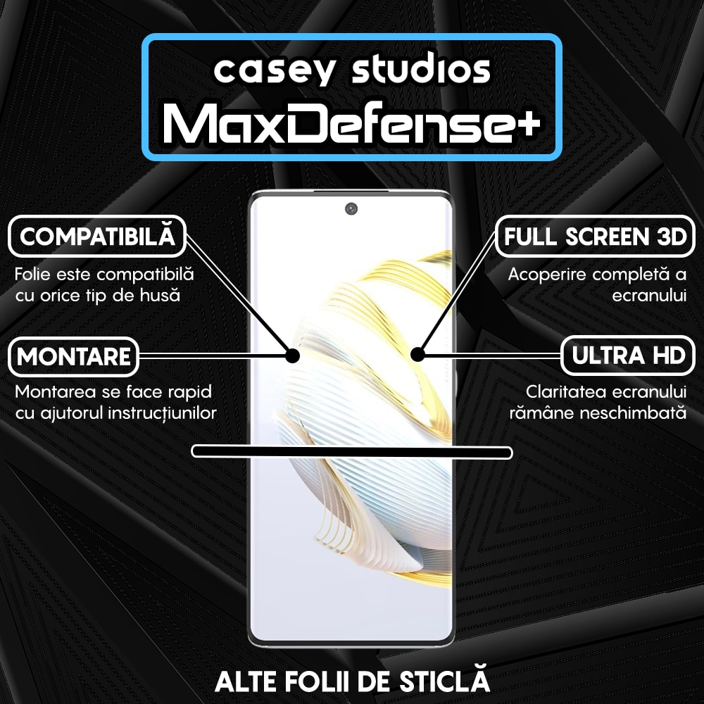 Folie Sticla CASEY STUDIOS™ compatibila cu Huawei nova 10, Full Cover 3D, Full Glue, Duritate Militara, Ultra HD, Anti Zgarieturi, Anti Socuri, Margini Negre