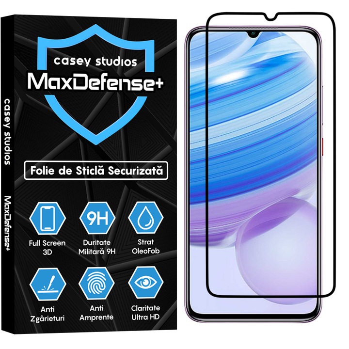 Folie Sticla CASEY STUDIOS™ compatibila cu Xiaomi Redmi 10X 5G / Redmi 10X Pro 5G, Full Cover 3D, Full Glue, Duritate Militara, Ultra HD, Anti Zgarieturi, Anti Socuri, Margini Negre