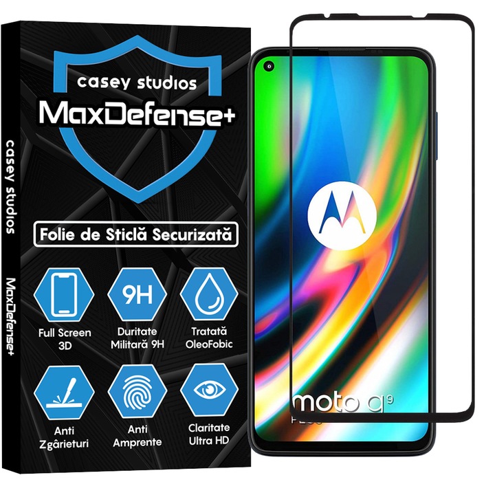 CASEY STUDIOS™ üvegfólia Motorola Moto G9 Plus kompatibilis, Full Glue, katonai keménység, Ultra HD, karcolásgátló, ütésálló, fekete élek
