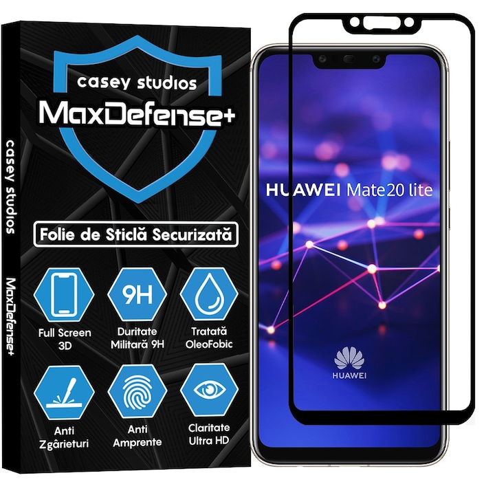 CASEY STUDIOS™ üvegfólia, kompatibilis a Huawei Mate 20 Lite / Nova 3 / Nova 3i / P Smart Plus készülékekkel, teljes 3D fólia, teljes ragasztó, katonai keménység, karcálló, ütésálló, fekete szélek