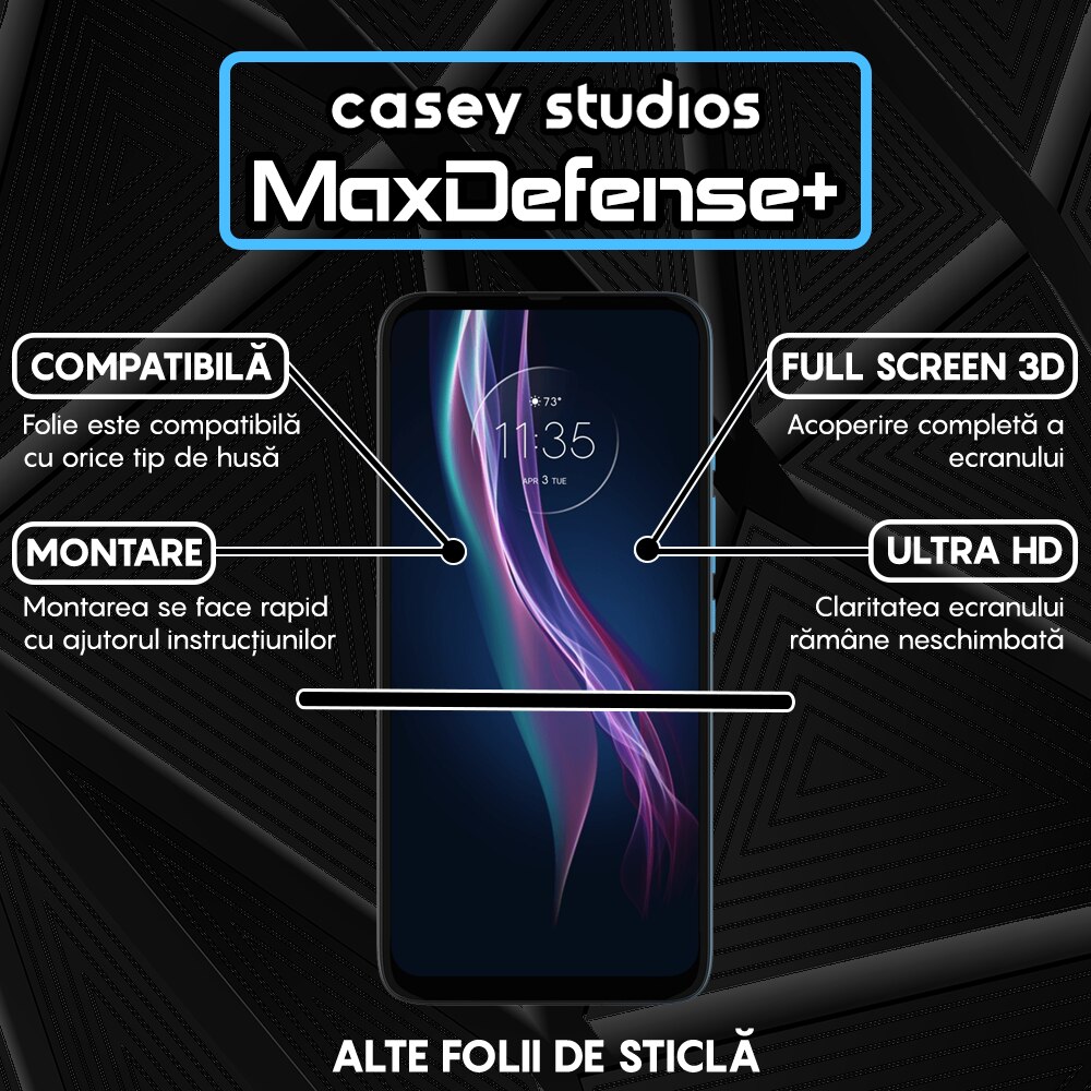 Folie Sticla CASEY STUDIOS™ compatibila cu Motorola Moto One Fusion Plus, Full Cover 3D, Full Glue, Duritate Militara, Ultra HD, Anti Zgarieturi, Anti Socuri, Margini Negre