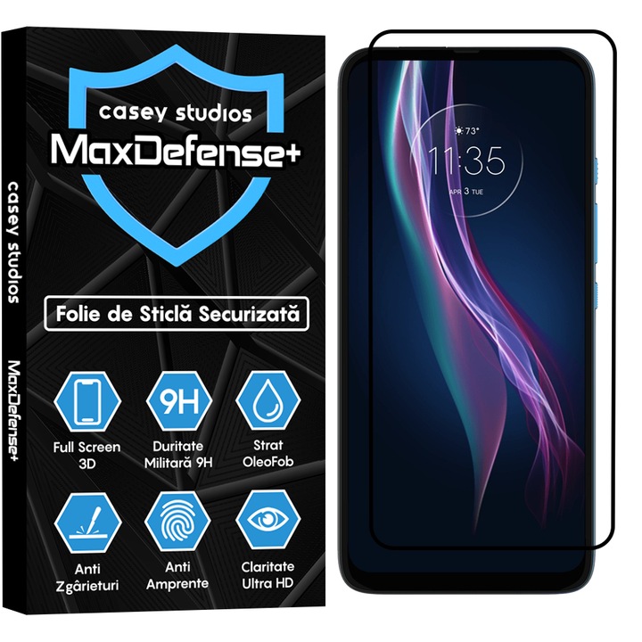 Folie Sticla CASEY STUDIOS™ compatibila cu Motorola Moto One Fusion Plus, Full Cover 3D, Full Glue, Duritate Militara, Ultra HD, Anti Zgarieturi, Anti Socuri, Margini Negre
