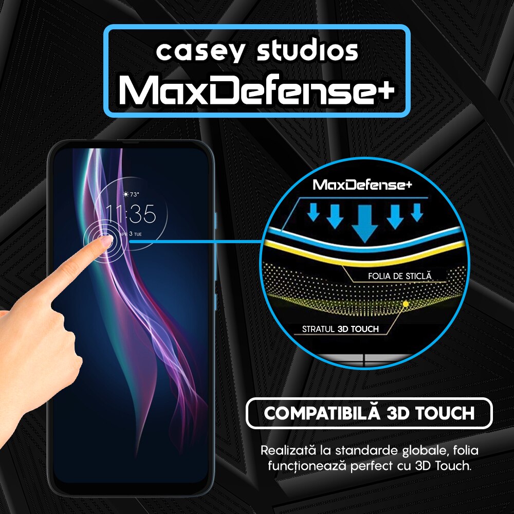 Folie Sticla CASEY STUDIOS™ compatibila cu Motorola Moto One Fusion Plus, Full Cover 3D, Full Glue, Duritate Militara, Ultra HD, Anti Zgarieturi, Anti Socuri, Margini Negre