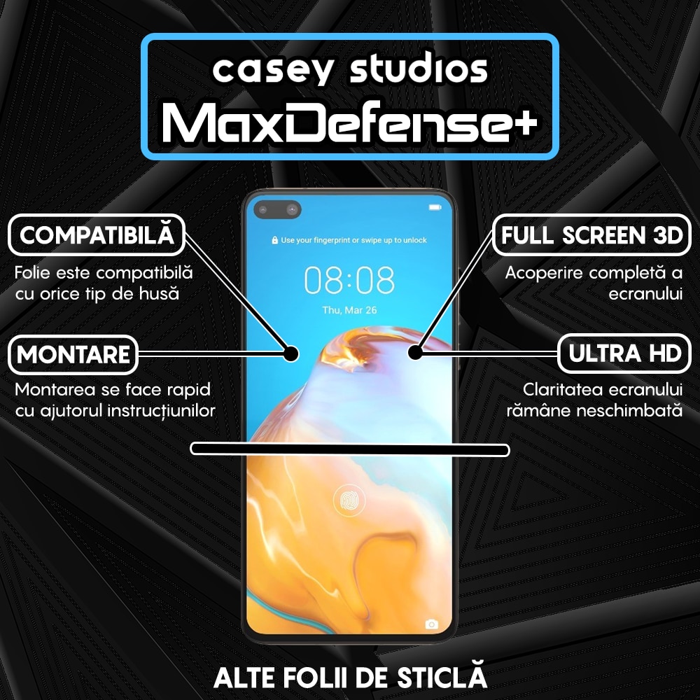 Folie Sticla CASEY STUDIOS™ compatibila cu Huawei P40, Full Cover 3D, Full Glue, Duritate Militara, Ultra HD, Anti Zgarieturi, Anti Socuri, Margini Negre